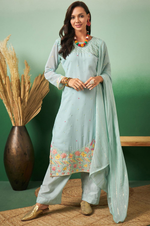 Ice Blue Embroidered Georgette Trouser Kameez