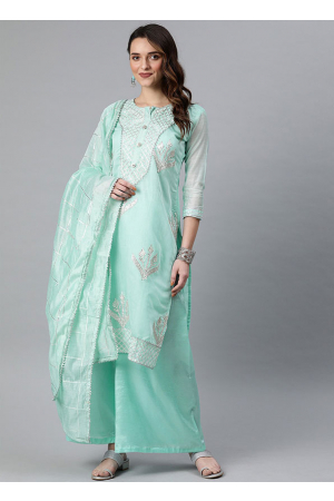 Ice Blue Embroidered Modal Cotton Palazzo Kameez