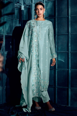 Ice Blue Embroidered Modal Silk Plus Size Suit