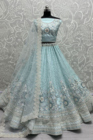 Ice Blue Embroidered Net Bridal Lehenga Choli