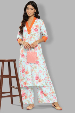 Ice Blue Faux Crepe Kurti with Bottom