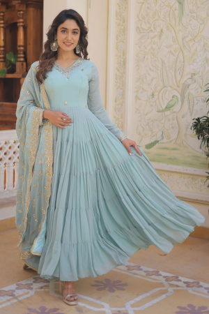 Ice Blue Faux Georgette Gown with Embroidered Dupatta