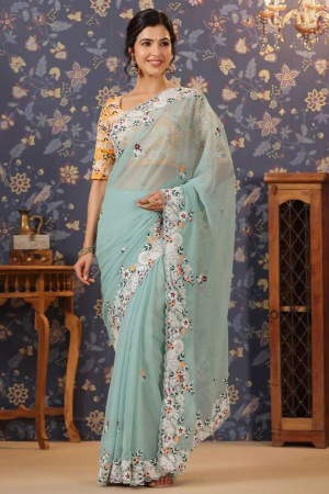 Ice Blue Georgette Embroidered Saree