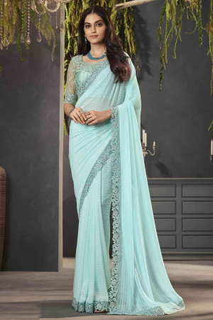 Ice Blue Georgette Shimmer Saree with Embroidered Blouse