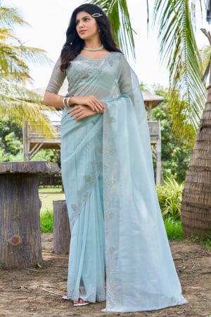 Ice Blue Hand Embellished Designer Saree