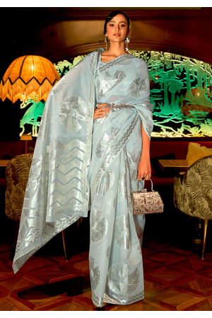 Ice Blue Handloom Zari Weaving Modal Saree