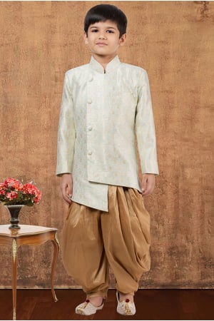 Ice Blue Jacquard Silk Kids Indo Western