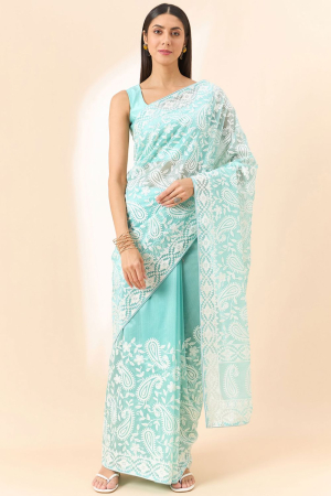 Ice Blue Paisley Embroidered Organza Saree