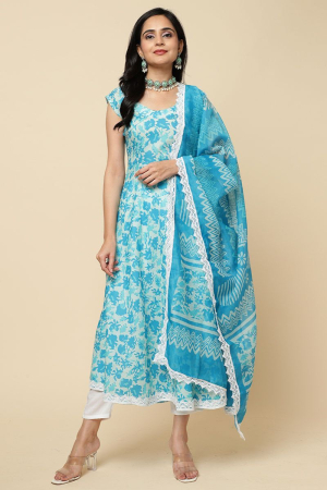 Ice Blue Printed Cotton Blend Readymade Pant Kameez