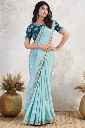 Ice Blue Tissue Saree with Embroidered Blouse