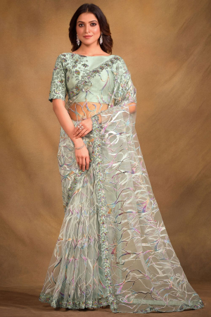 Ice Mint Designer Saree with Embroidered Blouse