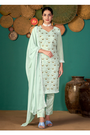 Ice Mint Embroidered Faux Georgette Pant Kameez