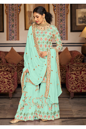 Ice Mint Embroidered Faux Georgette Sarara Kameez