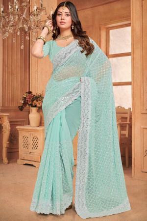 Ice Mint Embroidered Georgette Saree