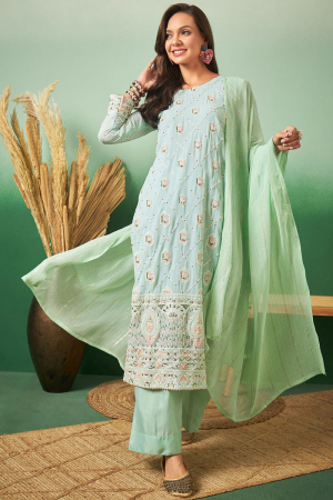 Ice Mint Embroidered Georgette Trouser Kameez