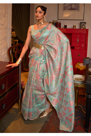 Ice Mint Handloom Weaving Silk Saree