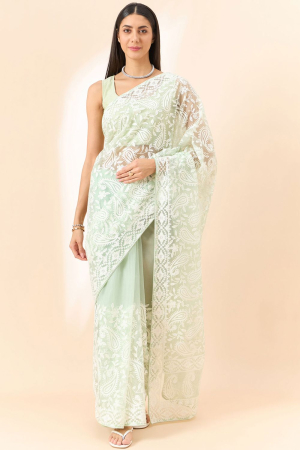 Ice Mint Paisley Embroidered Organza Saree