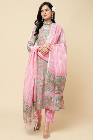 Ice Mint Printed Cotton Blend Readymade Pant Kameez