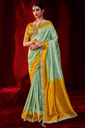 Ice Mint Silk Saree with Embroidered Blouse