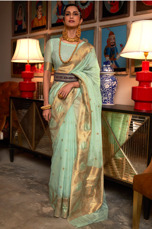 Ice Mint Zari Weaving Handloom Silk Saree
