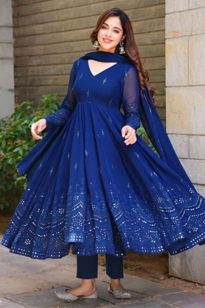 Indigo Blue Embroidered Georgette Readymade Anarkali Dress