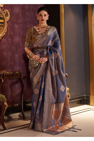 Indigo Blue Handloom Weaving Silk Saree