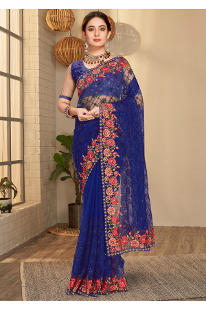 Indigo Blue Resham Embroidered Net Saree