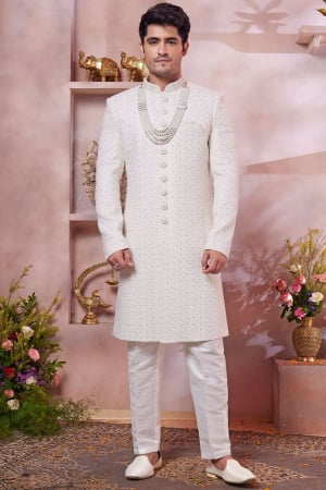 Ivory Embroidered Art Silk Designer Sherwani