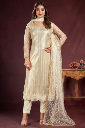Ivory Embroidered Net Plus Size Suit