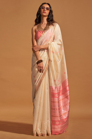 Ivory Handloom Weaving Silk Saree