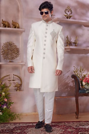 Ivory Jacquard Banarasi Silk Designer Sherwani