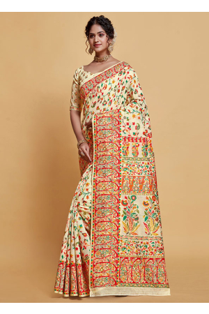 Ivory Kashmiri Weaving Modal Silk Saree