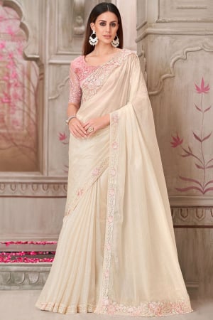 Ivory Satin Silk Saree with Embroidered Blouse