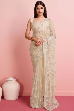 Ivory Sequins Embroidered Net Saree