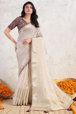 Ivory Tissue Saree with Embroidered Blouse