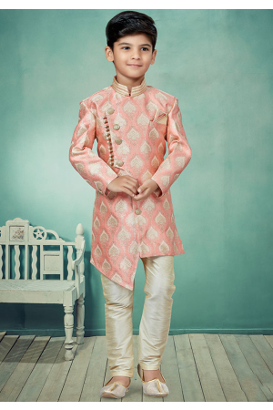 Pink and Cream Banarasi Jacquard Kids Indo Western