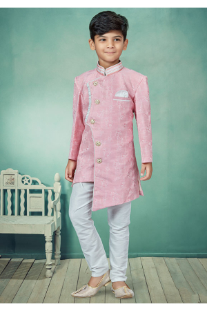 Pink Embroidered Jacquard Indo Western