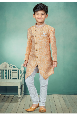 Mustard and Off White Jacquard Kids Indo Western