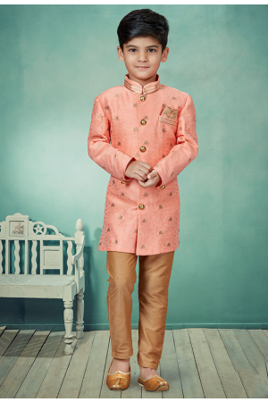 Red Embroidered Jacquard Kids Indo Western