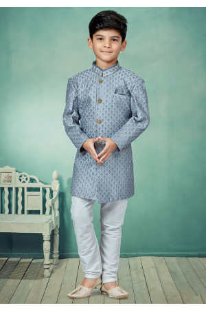 Grey Embroidered Silk Kids Indo Western