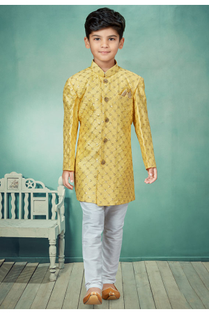 Yellow Embroidered Silk Kids Indo Western