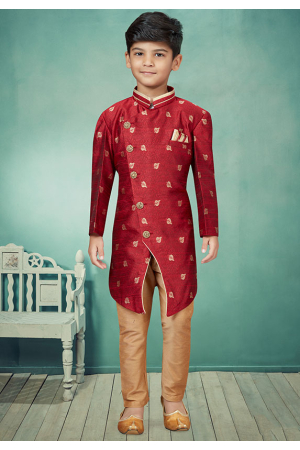 Maroon Embroidered Jacquard Kids Indo Western