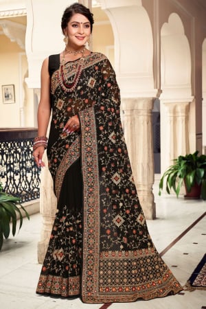 Kashmiri Embroidered Black Georgette Saree