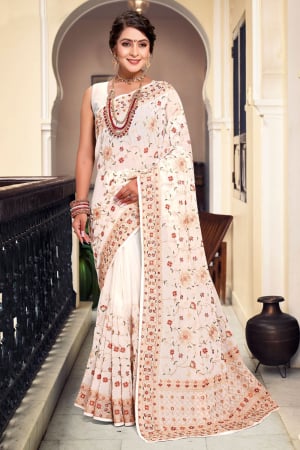 Kashmiri Embroidered White Georgette Saree