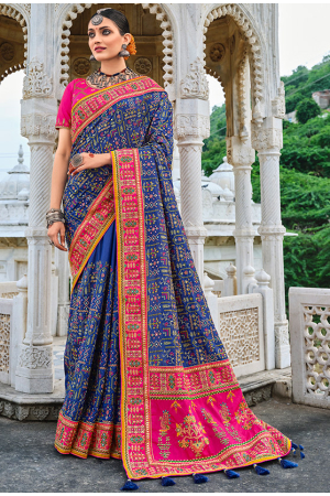 Royal Blue Pure Kutchi Work Banarasi Silk Saree