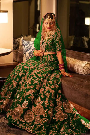 Kelly Green Embroidered Velvet Bridal Lehenga Choli