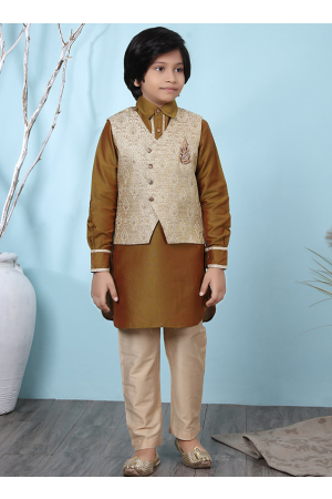 Khakhi Brown Cotton Silk Kurta Pyjama Set with Jacket