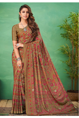 Khakhi Brown Silk Crepe Printed Saree