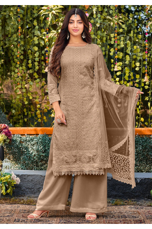Khaki Brown Embroidered Faux Georgette Palazzo Kameez