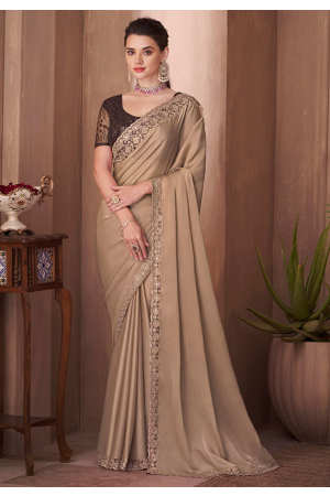 Khaki Brown Silk Saree with Embroidered Blouse